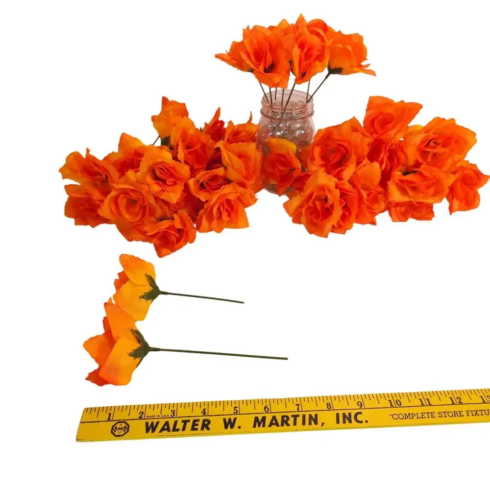 Orange Silk Artificial Rose Flowers Wired Stems Wedding Craft 2.5